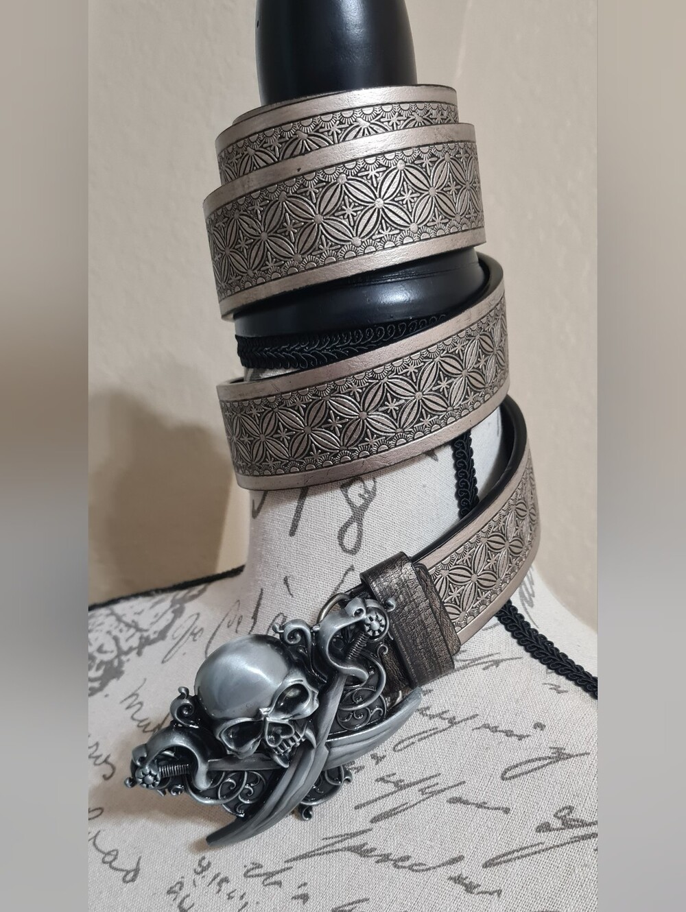 Women's Embossed Leather Belt with Skull Buckle - Silver Brown